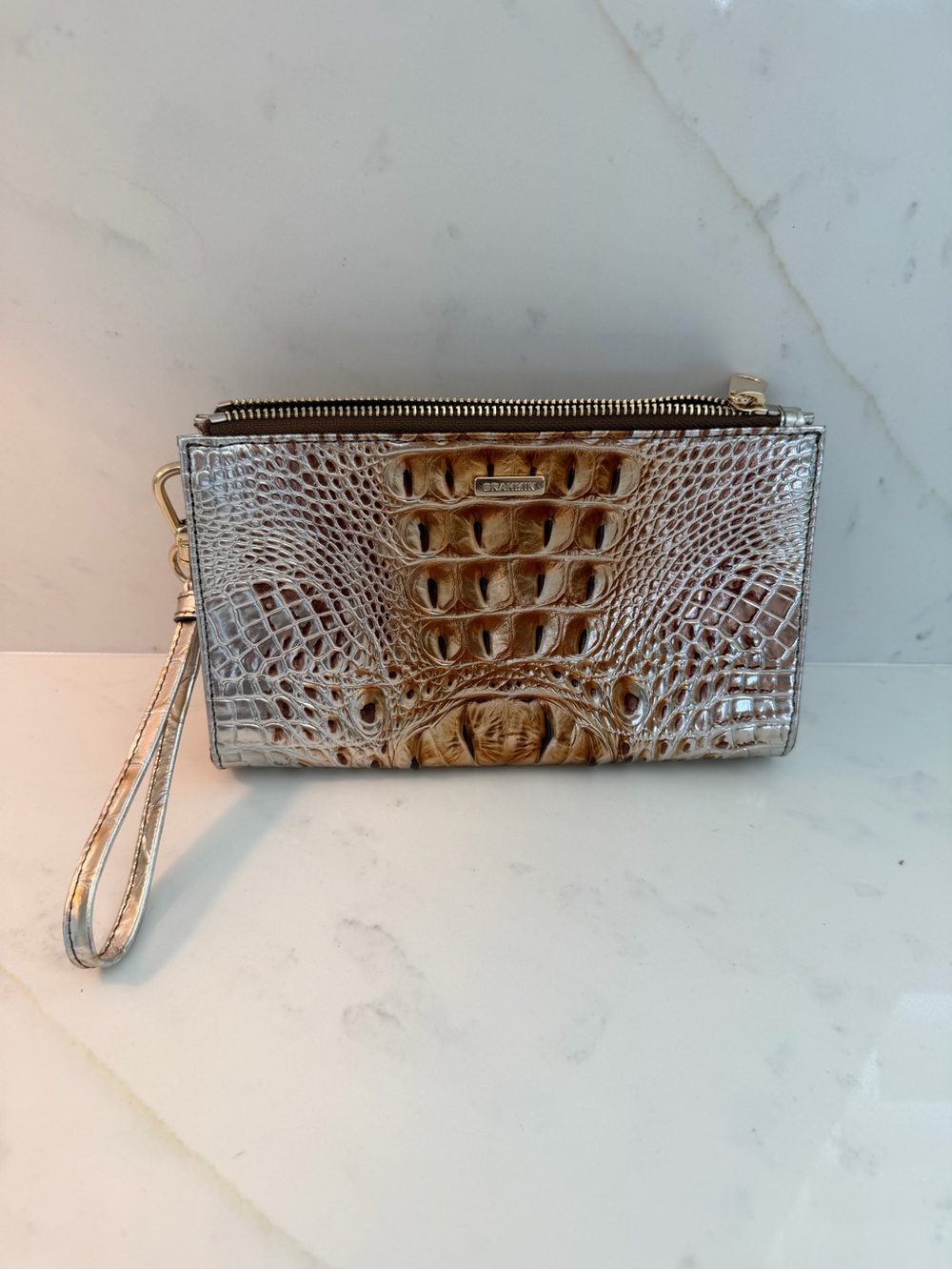 Brahmin Silver/Gold Metallic Croc-Embossed Leather Wristlet Mini-Clutch
